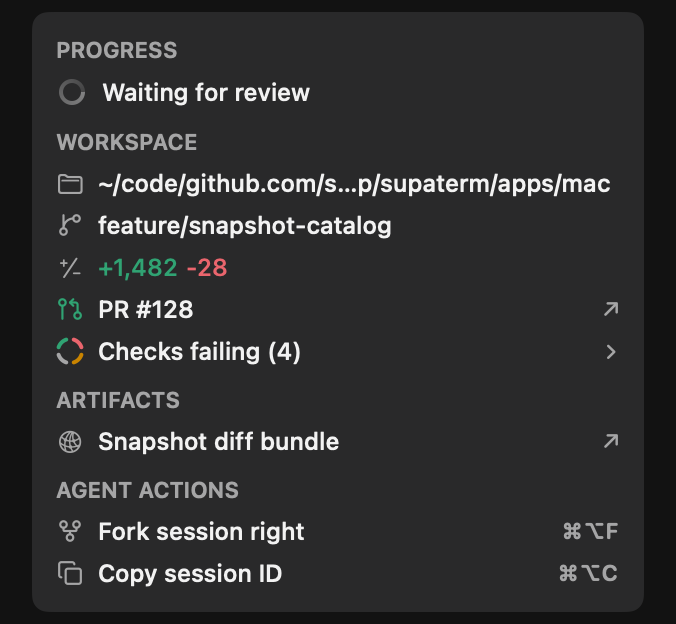 Supaterm agent panel showing progress, workspace, pull request checks, artifacts, and session actions.
