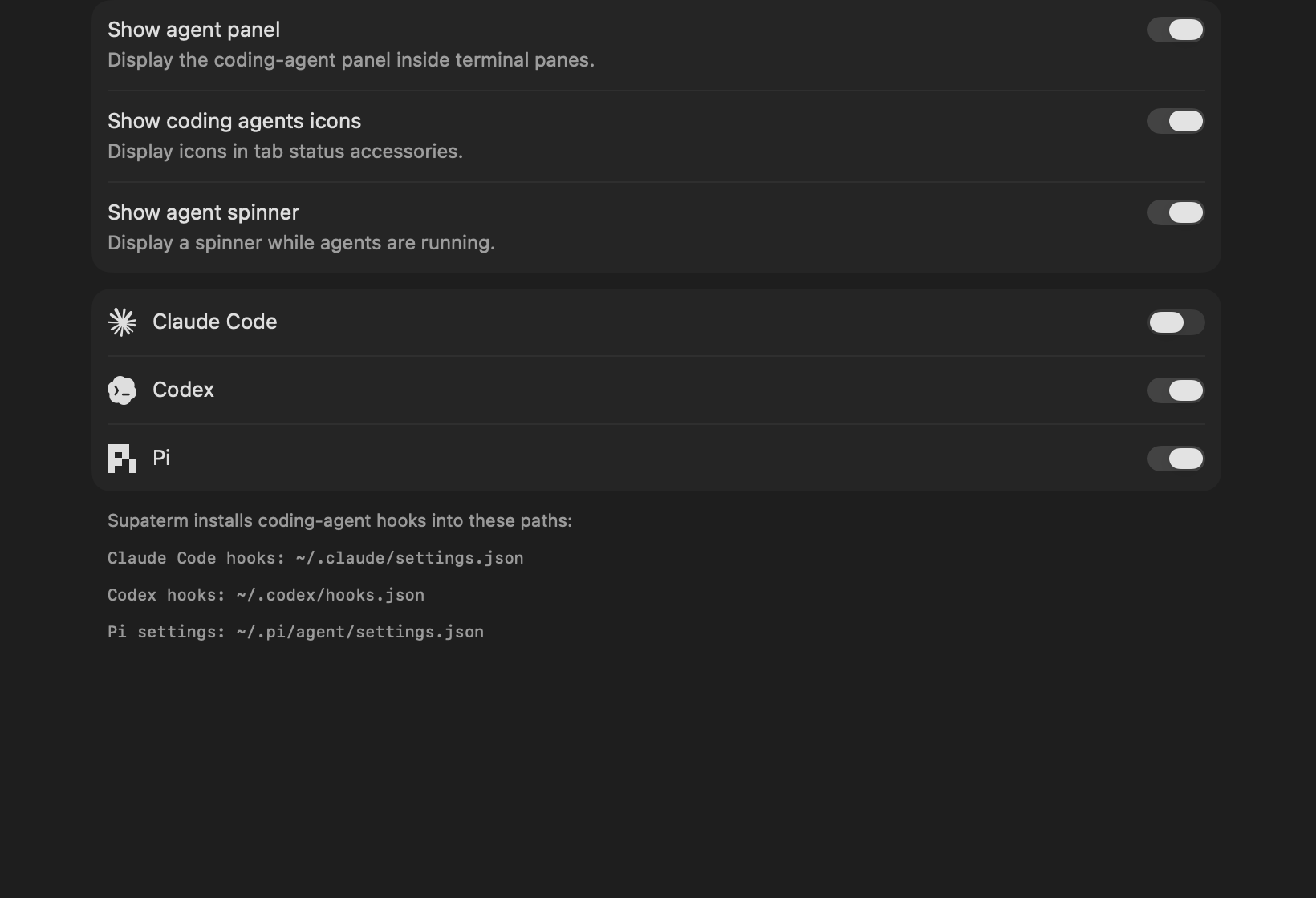 Supaterm coding-agent settings with Claude, Codex, and Pi enabled.