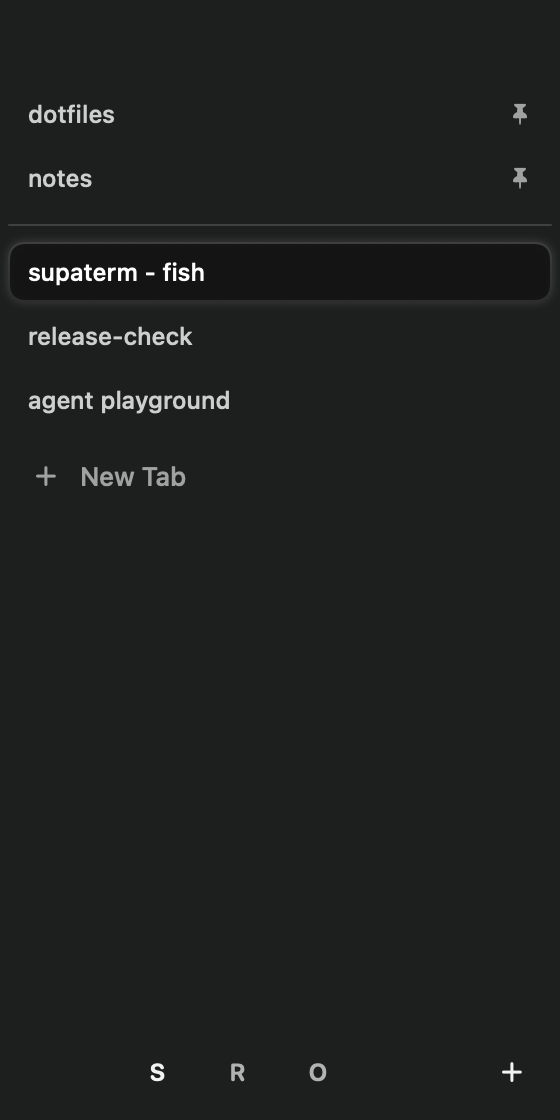 Supaterm sidebar with pinned tabs, regular tabs, and spaces.